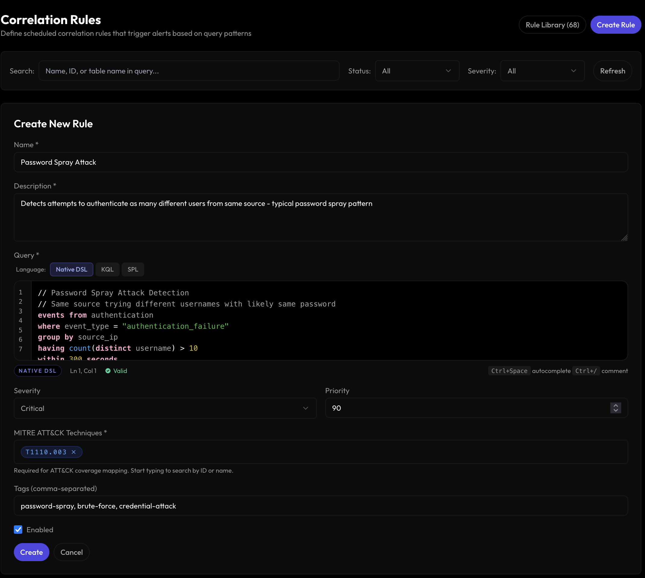 Correlation rules management view with rule editor and timeline.