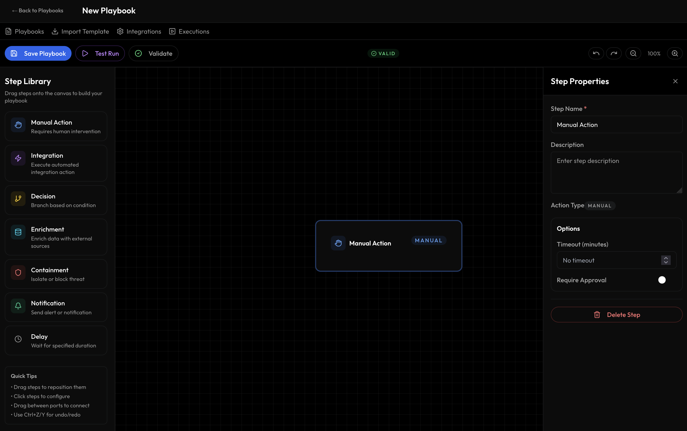 SOAR playbook designer and incident workflow view.